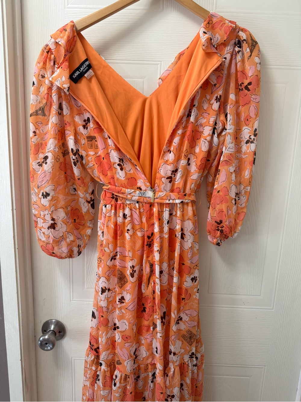 Karl Lagerfeld Orange Floral Midi Maxi Dress with Puff Sleeves - Picture 7 of 8